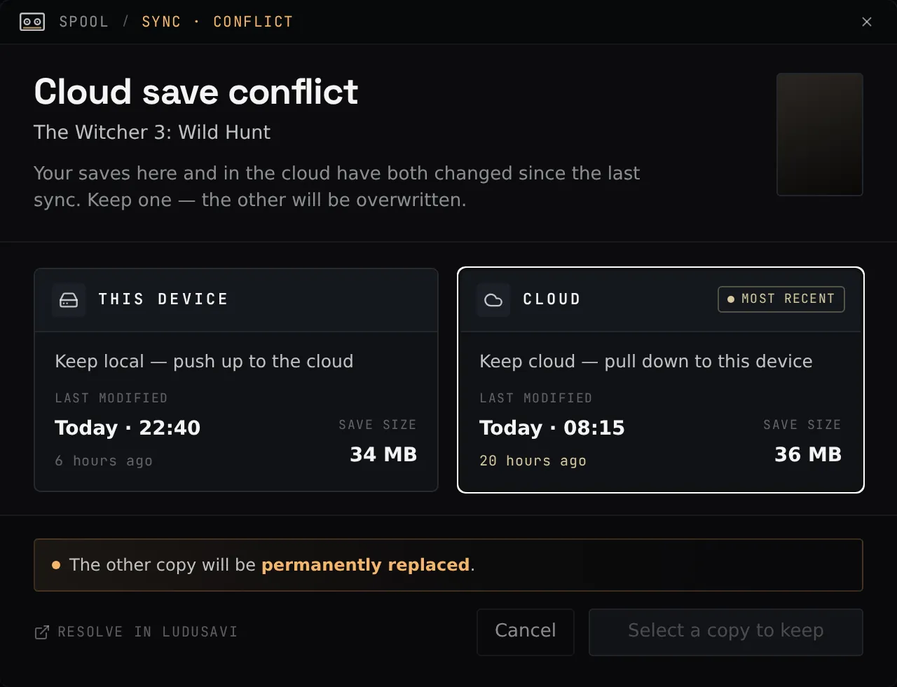 Spool's cloud save conflict picker, comparing the local and cloud saves by last-modified time and size so you can choose which to keep.