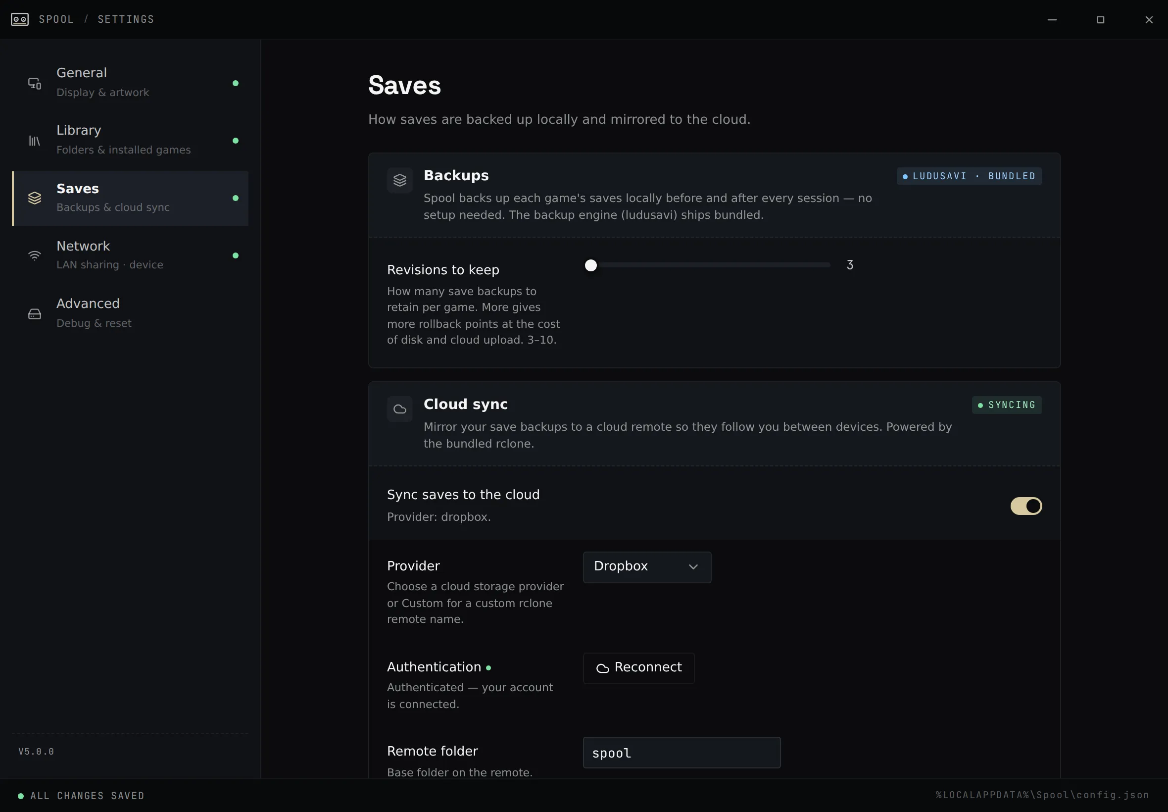 Spool's Saves settings showing local backups, retention, and a connected Dropbox cloud remote.