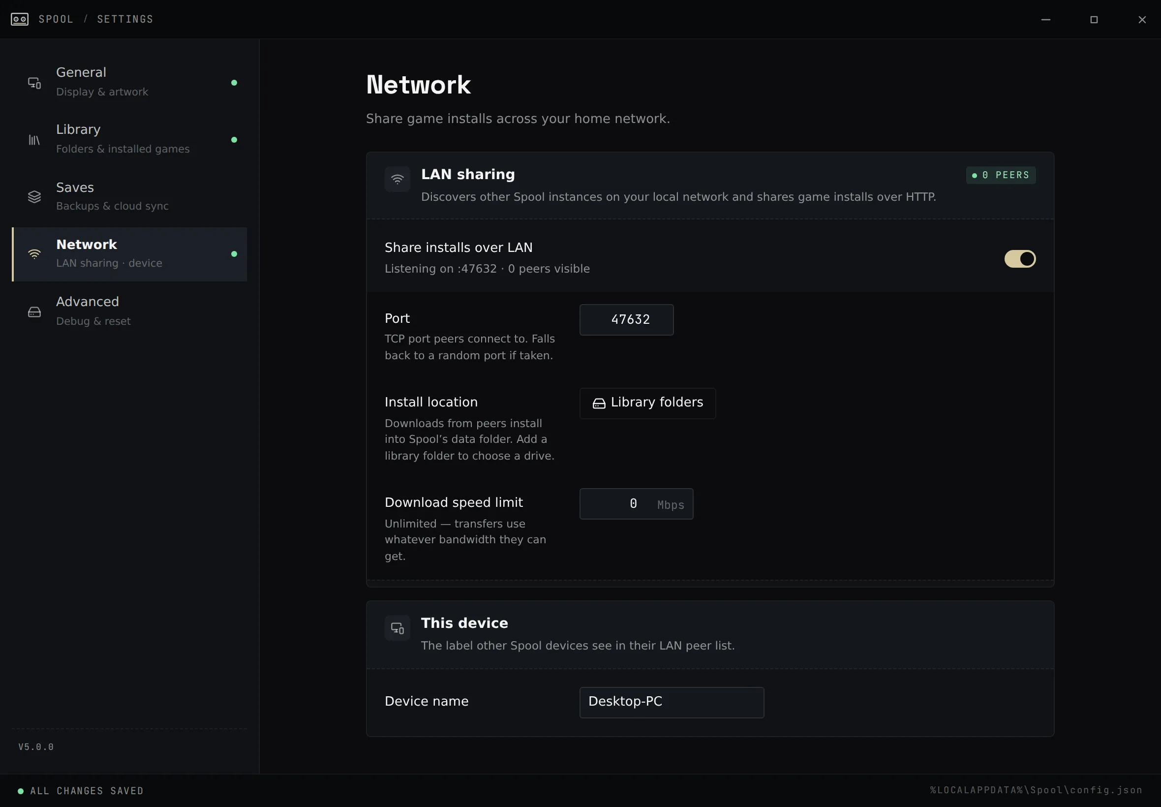 Spool's Network settings with LAN sharing enabled, showing the port, install folder, download speed limit, and device name.